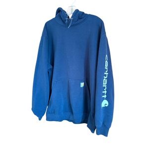 Carhartt Hoodie XL Loose Fit Navy Blue Spell Out Logo Sleeve Sweatshirt
